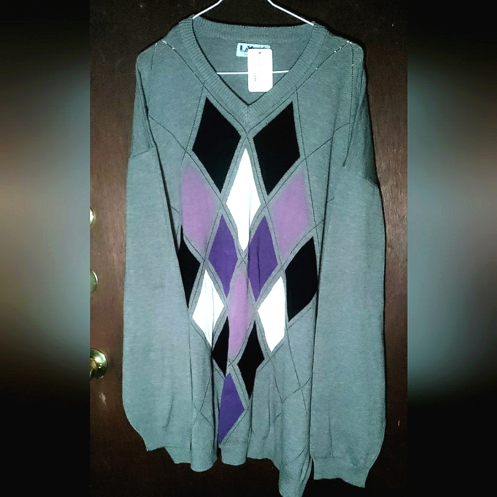 NEW Designer "LaVane" V-Neck Argyle Sweater! Italian. Gray. Men 4XL. Big & Tall